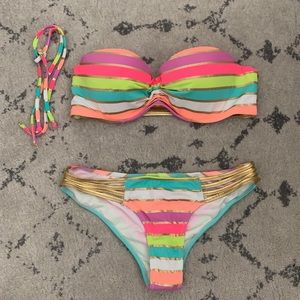 Neon Striped Strappy Swimsuit Set